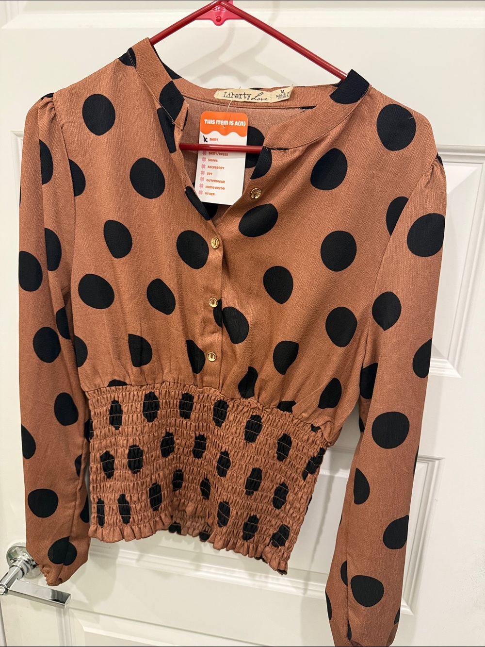 Liberty Love Rust Brown Blouse with Black Polka Dots and Smocked Waist